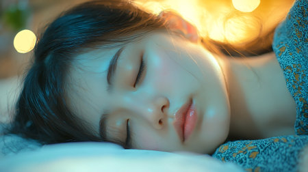 Close-up portrait of beautiful Asian girl sleeping on the bed.の素材