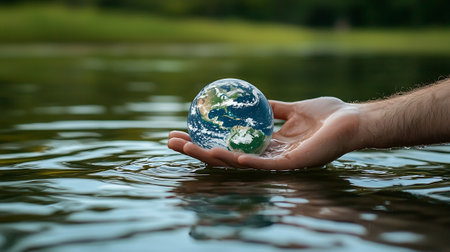 Human hand holding a glass globe in water. The concept of environmental conservation and ecology.の素材
