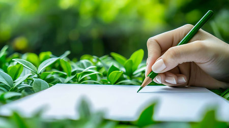Hand writing on paper with pencil in the tea garden, stock photoの素材