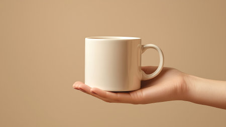 White mug in hand on beige background. Close-up.の素材