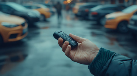 Hand holding remote control of car on the background of cars in the rainの素材