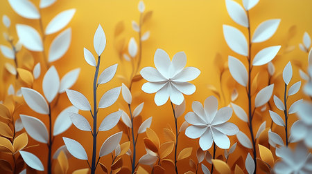 3d render, white paper flowers on yellow background, spring timeの素材