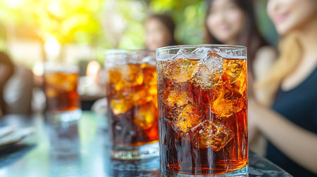 Soft drink with ice cubes in glass on table with group of friends.の素材