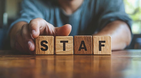 STAFF word on wooden cube block. Business and finance concept.の素材