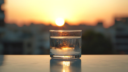 Glass of water on a table in front of sunset. Selective focus.の素材