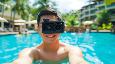 Young man taking a photo of himself at the swimming pool with cameraの素材