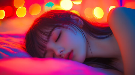 Portrait of beautiful asian woman sleeping in bed with bokeh backgroundの素材