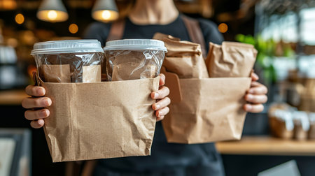 cropped shot of waitress holding paper cups with coffee in paper bagsの素材