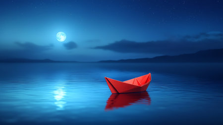 Paper boat floating on the sea at night with moon in the backgroundの素材