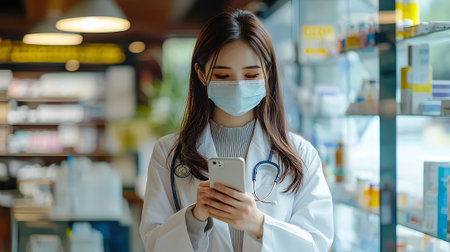 Portrait of young female pharmacist in medical mask using smartphone while standing in drugstoreの素材