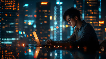 Young asian man using laptop computer at night in the city.の素材