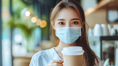 Portrait of young asian woman wearing face mask drinking coffee in cafe.の素材