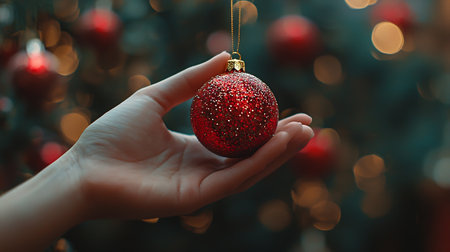 Female hand holding red christmas ball on blurred christmas tree backgroundの素材