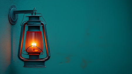 Lantern with a burning candle on the background of blue wallの素材