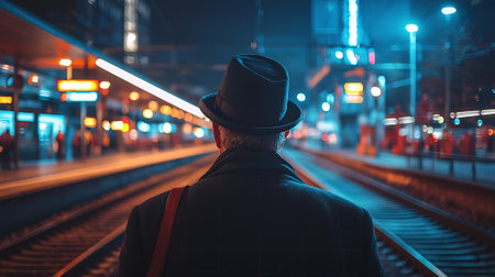 Rear view of a man in a hat with a backpack waiting for the train at nightの素材