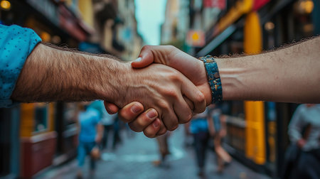 Close-up of two men shaking hands with each other in the cityの素材