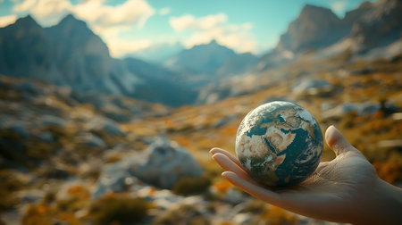 Hands holding earth globe in mountains. Concept of Earth Day.の素材