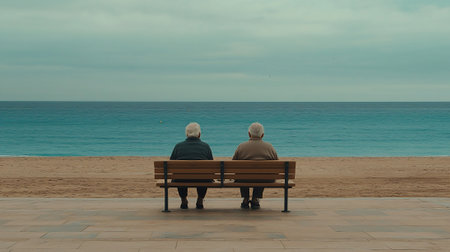 Elderly couple sitting on bench by the sea in the eveningの素材