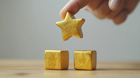 Hand putting a golden star on the top of a wooden block.の素材