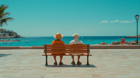 Senior couple sitting on a bench by the sea looking at the seaの素材