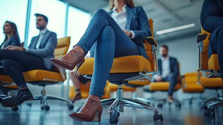 Business people sitting on chairs in office lobby, focus on legs.の素材