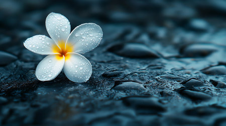 Frangipani flower with water drops on wet black background.の素材