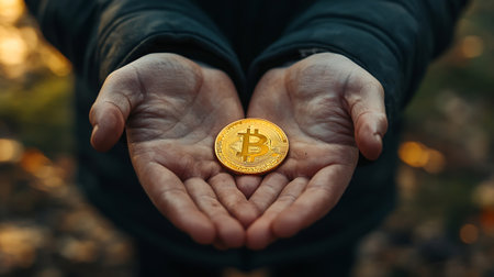 Golden bitcoin in the hands of a man in the autumn forest.の素材
