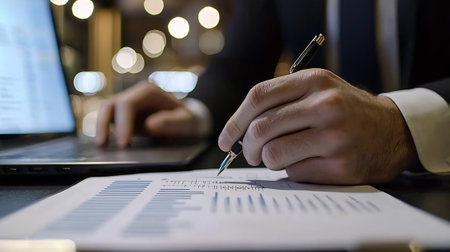 Businessman analyzing investment charts with laptop. Accounting,investment concept.の素材