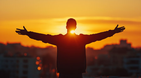 Silhouette of a man raising his hands up at sunset.の素材