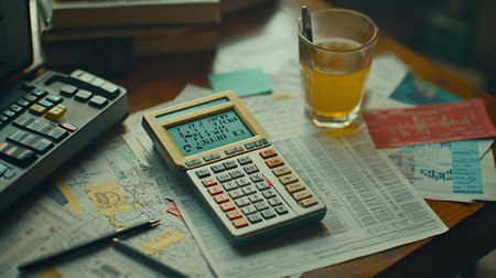Calculator on the desk with a glass of beer and documentsの素材