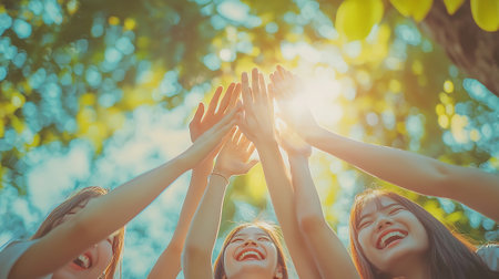 group of friends with hands together in a park on a sunny dayの素材