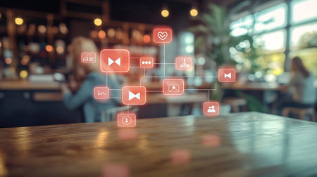 Media player interface on wooden table in coffee shop blur background with bokeh image.の素材