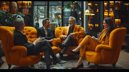 Group of business people in orange suits sitting in armchairs and talking while working in cafe.の素材