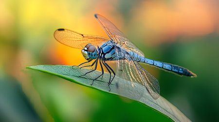 Dragonfly on leaf in the garden at sunset. Close up.の素材