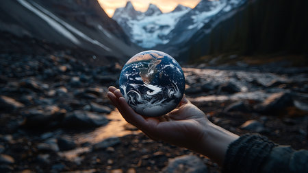 Hands holding earth globe in mountains. Elements of this image furnished by NASAの素材