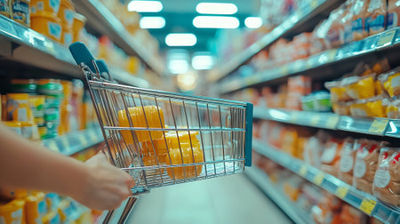 Closeup of woman hand holding shopping cart in supermarket. Supermarket aisle with products.の素材