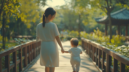 Mother and baby walking on the bridge in the park at sunset.の素材