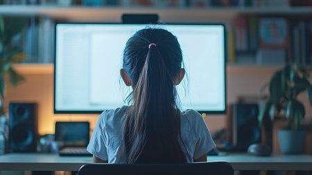 Back view of young businesswoman sitting at desk and looking at computer screen.の素材