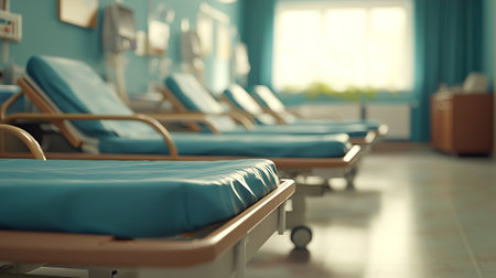 Empty hospital ward with empty beds. Focus on foreground, blurred backgroundの素材