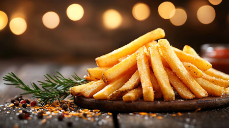 Golden French fries on wooden board with blurred lights on background, closeupの素材