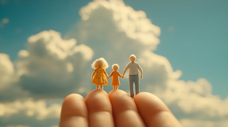 Miniature people family holding hands together with blue sky and clouds backgroundの素材