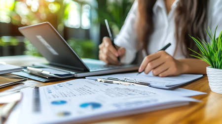 Business women reviewing data in financial charts and graphs. Accounting concept.の素材