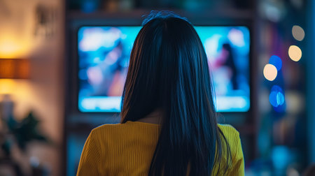 back view of asian woman watching TV in living room at nightの素材