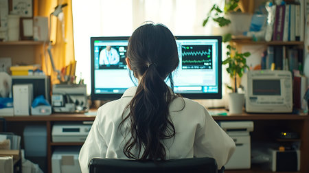 Rear view of female doctor looking at computer screen while sitting in officeの素材