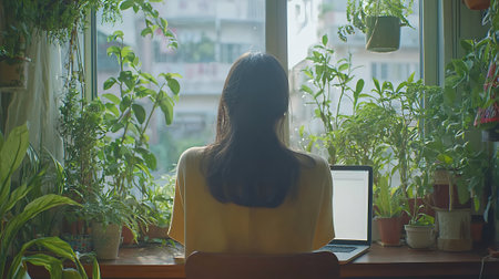 Young woman sitting in front of the window and using a laptop.の素材