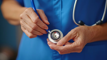 Closeup of doctor with stethoscope in hands, shallow depth of fieldの素材