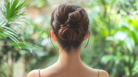 Young woman with braid hairstyle in the garden, back viewの素材