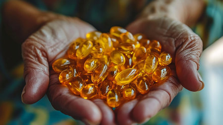 Close-up of a senior woman holding omega 3 capsules in her handsの素材
