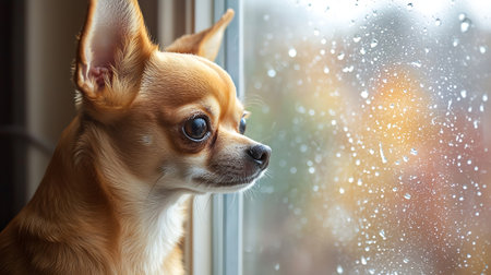 Chihuahua dog looking out the window with rain drops.の素材