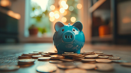 Piggy bank and coins on the table in the living roomの素材